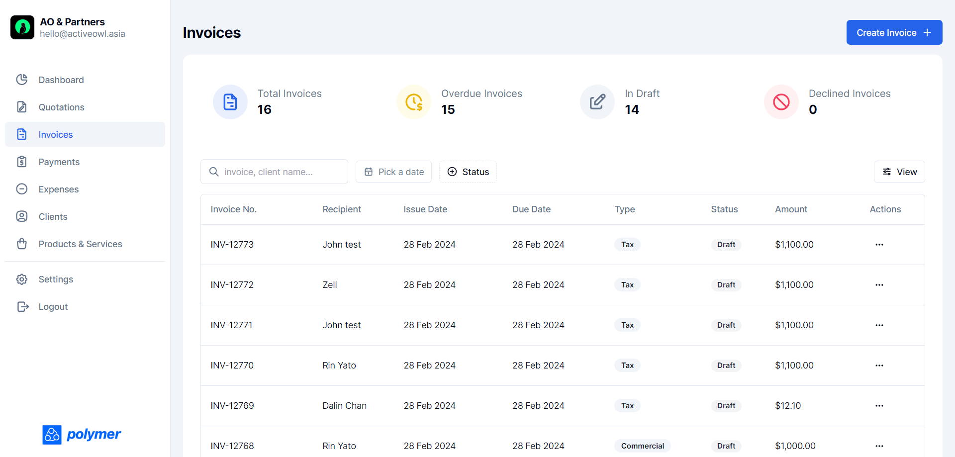 Invoices Page